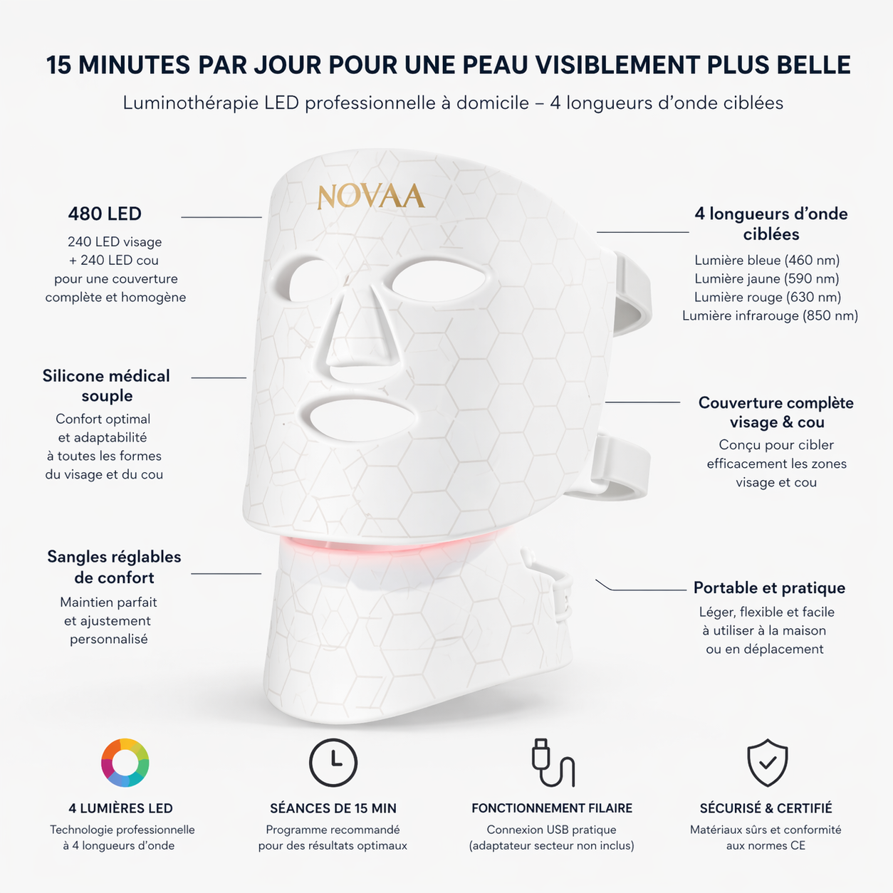 Masque LED Luminothérapie Skinovaa Pro – Visage & Cou – Image 2